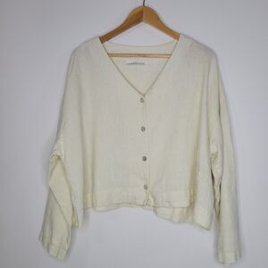 BRYN WALKER Ivory Linen Button-Back Cardigan Size M Lagenlook Boxy Off White